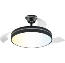 Ventilateur de plafond moderne avec éclairage LED, boîtier rond noir et pales transparentes.