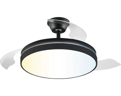 Ventilateur de plafond moderne avec éclairage LED, boîtier rond noir et pales transparentes.