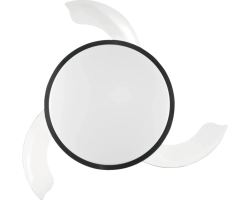 Ventilateur de plafond avec éclairage LED rond et trois pales incurvées, vue de dessous.