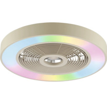Ventilateur de plafond rond moderne avec éclairage LED RGB intégré et grille circulaire.