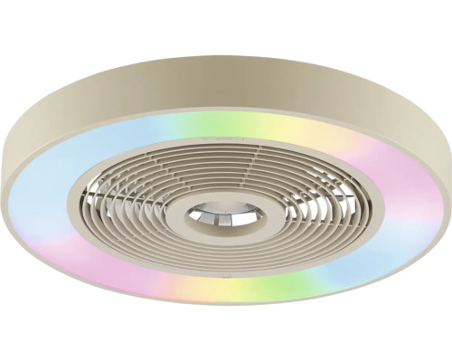 Ventilateur de plafond rond moderne avec éclairage LED RGB intégré et grille circulaire.