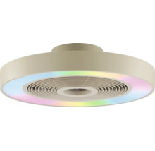 Ventilateur de plafond rond et plat avec anneau lumineux LED intégré aux couleurs de l'arc-en-ciel et pales cachées.