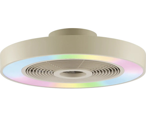 Ventilateur de plafond rond et plat avec anneau lumineux LED intégré aux couleurs de l'arc-en-ciel et pales cachées.