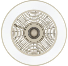 Ventilateur de plafond rond avec éclairage LED intégré et grille de protection circulaire, vue de dessous.