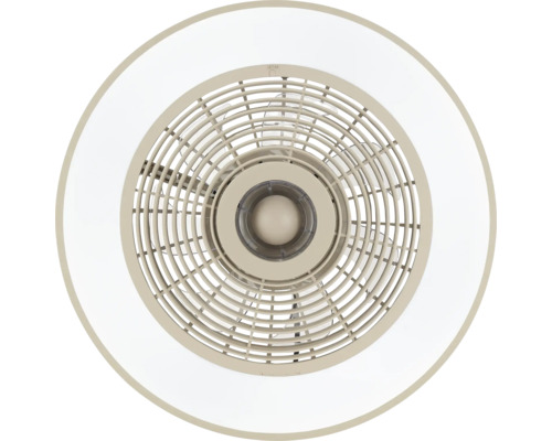 Ventilateur de plafond rond avec éclairage LED intégré et grille de protection circulaire, vue de dessous.