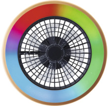 Ventilateur de plafond rond avec anneau lumineux multicolore, grille de protection noire, pales transparentes et cadre aspect bois.