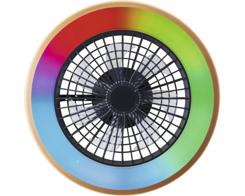 Ventilateur de plafond rond avec anneau lumineux multicolore, grille de protection noire, pales transparentes et cadre aspect bois.