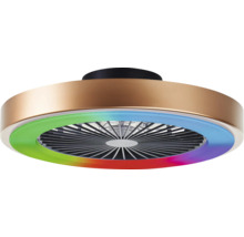 Ventilateur de plafond rond de couleur bronze avec support noir, éclairage LED intégré et fonction de changement de couleur.
