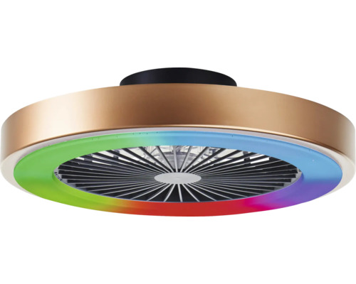 Ventilateur de plafond rond de couleur bronze avec support noir, éclairage LED intégré et fonction de changement de couleur.