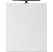 Miroir de salle de bain rectangulaire avec éclairage LED intégré sur le bord supérieur.