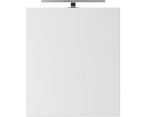 Miroir de salle de bain rectangulaire avec éclairage LED intégré sur le bord supérieur.