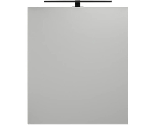 Miroir de salle de bain rectangulaire avec luminaire LED noir.