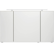 Armoire de toilette à trois portes pour la salle de bain avec éclairage LED sur le dessus.
