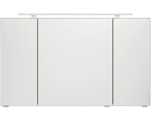 Armoire de toilette à trois portes pour la salle de bain avec éclairage LED sur le dessus.