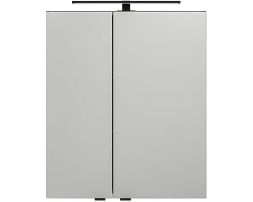 Armoire de toilette avec deux portes et éclairage LED supérieur noir.