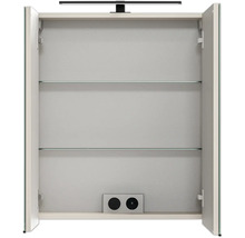 Armoire de toilette ouverte pour salle de bains avec deux étagères en verre, prise et interrupteur intégrés et éclairage supérieur.
