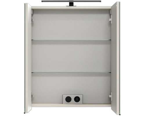 Armoire de toilette ouverte pour salle de bains avec deux étagères en verre, prise et interrupteur intégrés et éclairage supérieur.