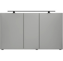 Armoire de toilette avec trois portes et éclairage LED supérieur pour la salle de bains.