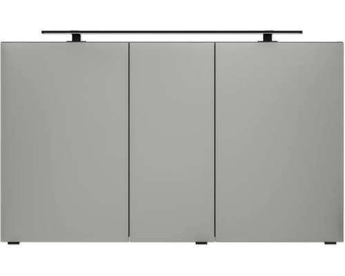 Armoire de toilette avec trois portes et éclairage LED supérieur pour la salle de bains.