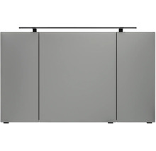 Armoire de toilette à trois portes pour salle de bains avec un luminaire LED noir en partie supérieure.