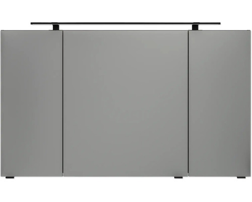 Armoire de toilette à trois portes pour salle de bains avec un luminaire LED noir en partie supérieure.