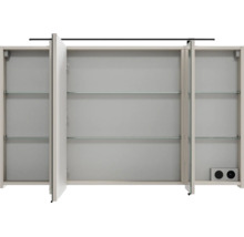 Armoire de toilette pour salle de bains avec trois portes, étagères en verre, prise intégrée et éclairage, vue ouverte.