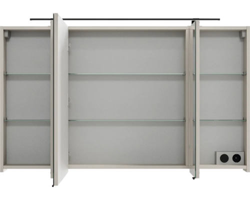 Armoire de toilette pour salle de bains avec trois portes, étagères en verre, prise intégrée et éclairage, vue ouverte.