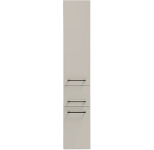 Hochschrank-Front in Seidengrau mit drei schwarzen Griffstangen.