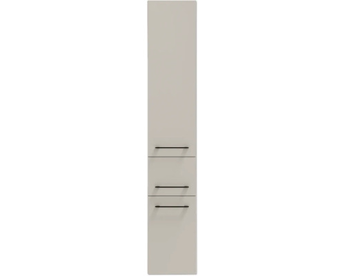 Hochschrank-Front in Seidengrau mit drei schwarzen Griffstangen.