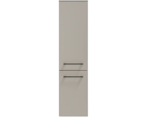 Hoher Küchenschrank mit zwei Fronten und schwarzen Griffen in Grau matt.