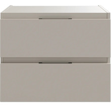Waschtischunterschrank mit zwei Schubladen und schmalen schwarzen Griffleisten.