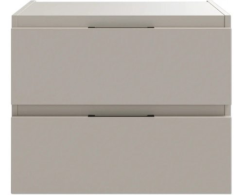 Waschtischunterschrank mit zwei Schubladen und schmalen schwarzen Griffleisten.