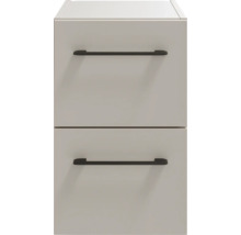 Unterschrank mit zwei Schubladen und schwarzen Griffen.