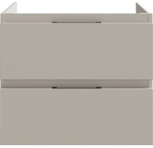 Waschbeckenunterschrank mit zwei Schubladen und schmalen schwarzen Griffen.