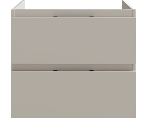 Waschbeckenunterschrank mit zwei Schubladen und schmalen schwarzen Griffen.