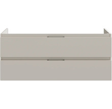 Waschbeckenunterschrank mit zwei Schubladen und dunklen Griffen.