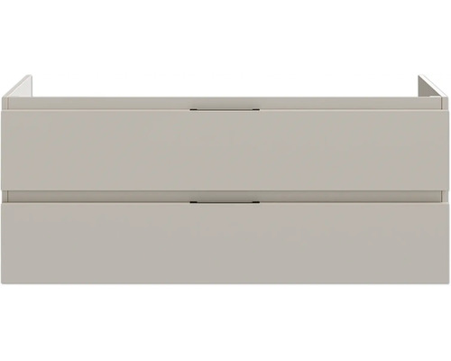 Waschbeckenunterschrank mit zwei Schubladen und dunklen Griffen.