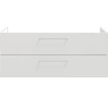 Zwei weiße Schubladen eines Waschbeckenunterschranks mit schmalen, silberfarbenen Metallgriffen.