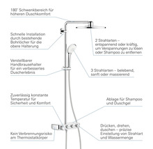 Duschsystem mit Kopfbrause, Handbrause und Thermostatarmatur sowie Beschreibungen zu Merkmalen wie Strahlarten und Temperatureinstellung.