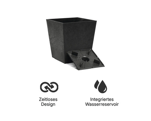 Quadratischer Pflanzkübel mit Bewässerungseinsatz, zeitlosem Design und integriertem Wasserreservoir.