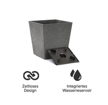 Quadratischer Pflanzkübel mit strukturierter Oberfläche, herausnehmbarem Einsatz für das integrierte Wasserreservoir und zeitlosem Design.