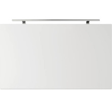 Façade de meuble rectangulaire pour armoire de salle de bain avec surface lisse et deux poignées métalliques sur le bord supérieur.