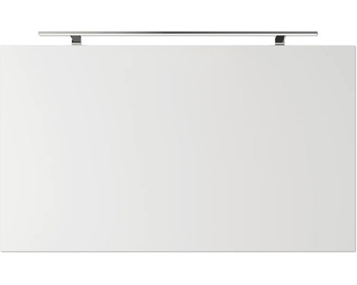 Façade de meuble rectangulaire pour armoire de salle de bain avec surface lisse et deux poignées métalliques sur le bord supérieur.
