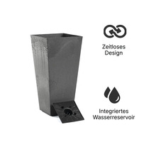 Jardinière haute et carrée de forme conique avec une surface texturée, un réservoir d'eau intégré et un design intemporel.