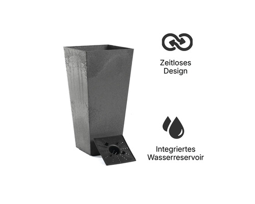 Jardinière haute et carrée de forme conique avec une surface texturée, un réservoir d'eau intégré et un design intemporel.