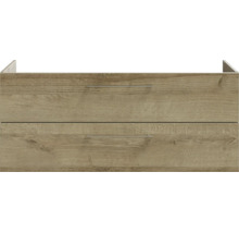 Meuble sous-vasque avec deux tiroirs en aspect bois et poignées métalliques fines.