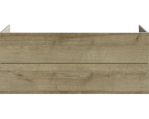 Meuble sous-vasque avec deux tiroirs en aspect bois et poignées métalliques fines.
