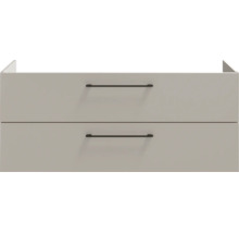 Waschbeckenunterschrank mit zwei Schubladen und schwarzen Griffstangen.