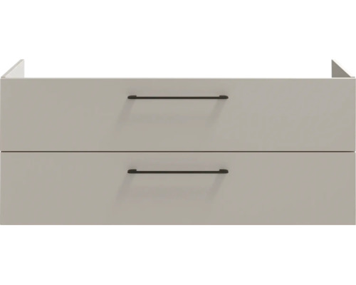 Waschbeckenunterschrank mit zwei Schubladen und schwarzen Griffstangen.