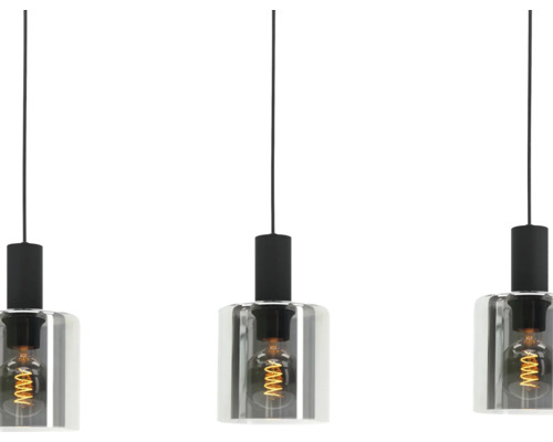Suspension à trois lampes avec abat-jour cylindriques en verre et ampoules à filament LED visibles sur câbles noirs.